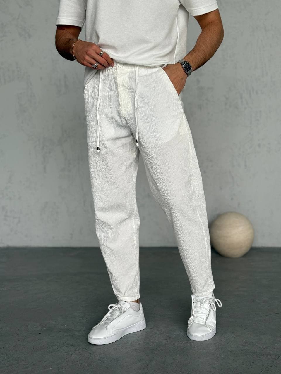 WE11 White Textured Drawstring Pants