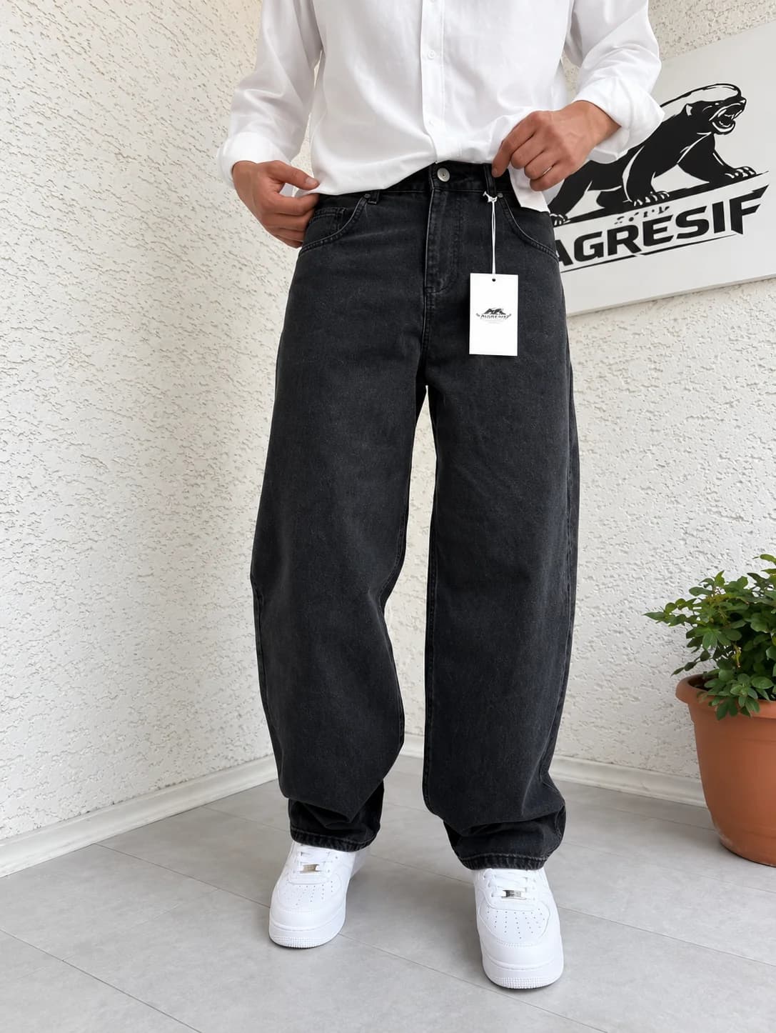 Agresif Washed Black Wide-Leg Jeans